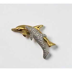 Swarovski Double Dolphin Brooch Gold Tone Crystal Rhinestone Nautical Beach